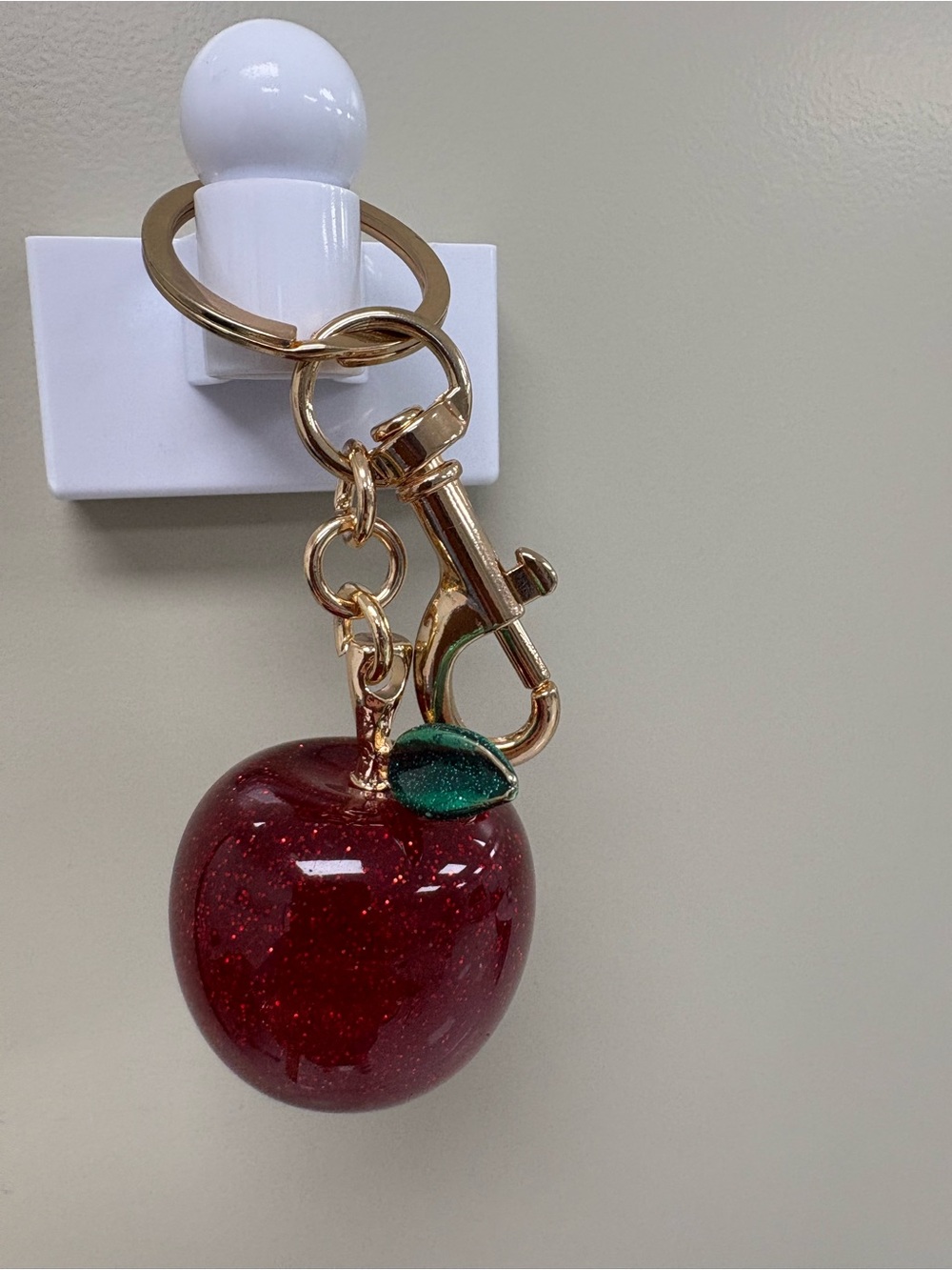 Sparkling Red Glitter Apple Green Leaf Bag Charm & Gold Keychain NWOT